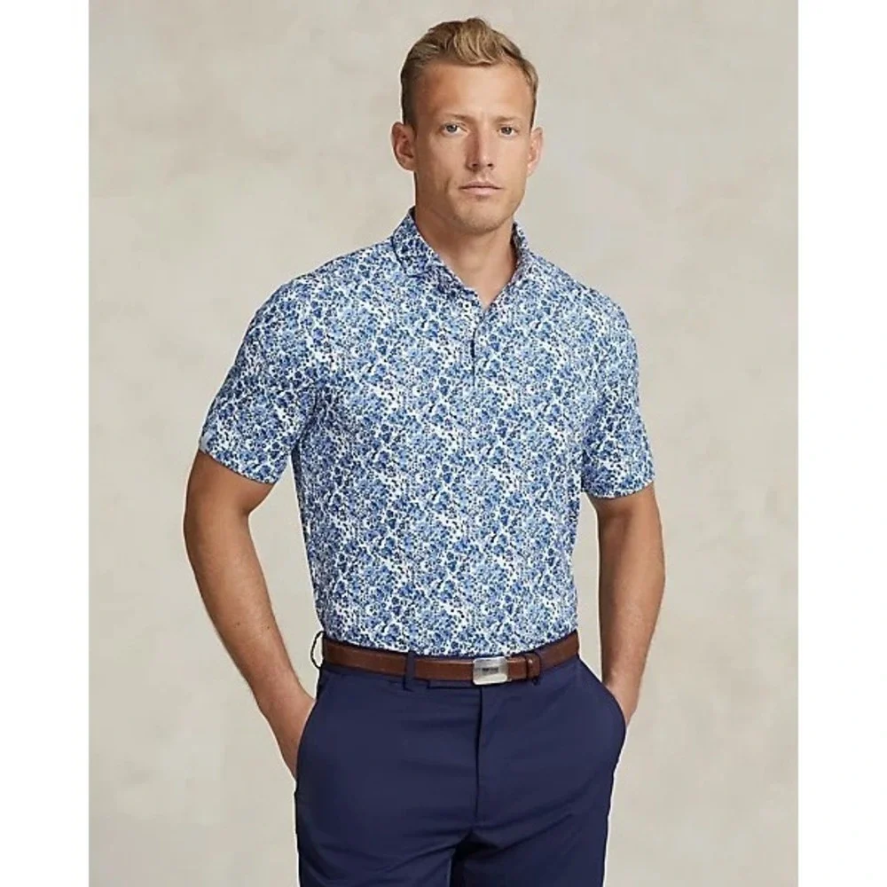 Polo Ralph Lauren Men Golf Polo Blue Print Stretch Jersey Preppy Wicking Shirt L